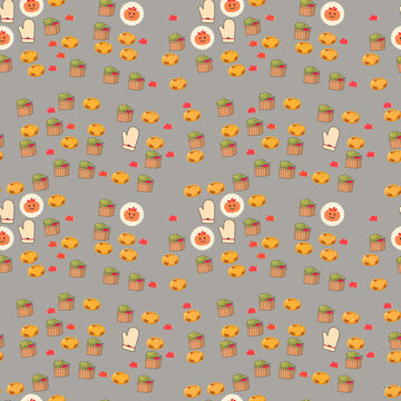 Cartoon food and kitchen items seamless pattern