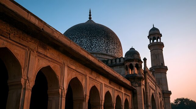 A grand mosque with a large dome and minaret  featuring arched walkways and intricate stone patterns under a clear sky