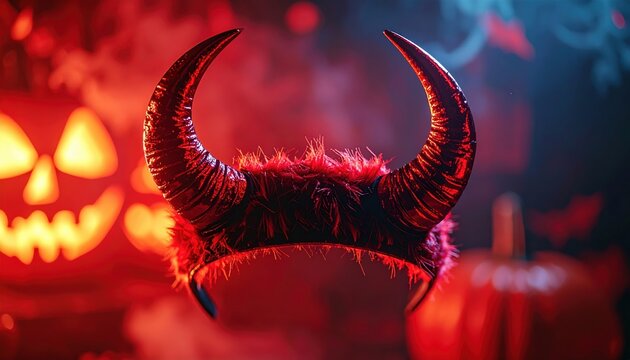 Red devil horns headband 3D Illustration on a dramatic Halloween party background