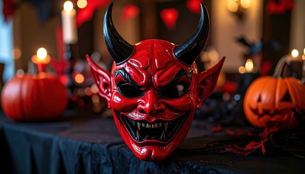 3D Illustration of a vibrant red devil mask with bold black horns displayed on a dark Halloween party table.