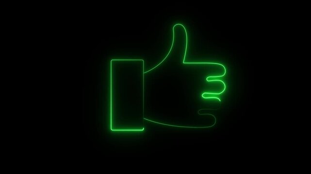 Glowing neon line Hand thumb up icon isolated on black background.Hud callout rectangle text box animation, scoreboard, modern technologies.