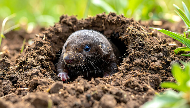 Adorable small mole emerging from its freshly dug burrow in the soft brown earth surrounded by green grass
