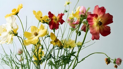 Fototapeta premium A vibrant bouquet of cosmos flowers in yellow red and white tones with delicate petals and slender stems against a soft background