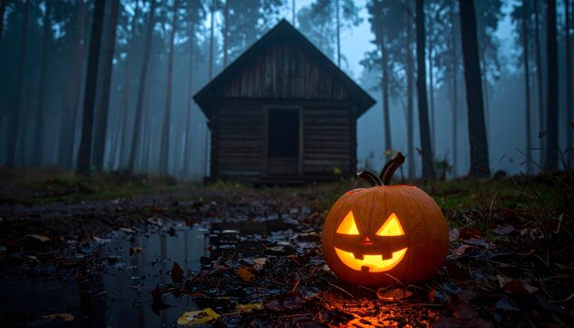 Calabaza de Halloween iluminada frente a una caba&ntilde;a en bosque oscuro
