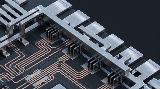 Extreme Close Up Macro View of Integrated Circuit Copper Tracks and Metal Electrical Contacts