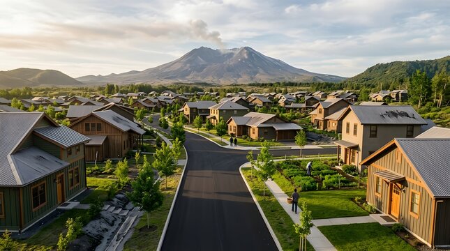 Restored Residential Neighborhood After a Volcanic Eruption with Mountain Landscape in the Background