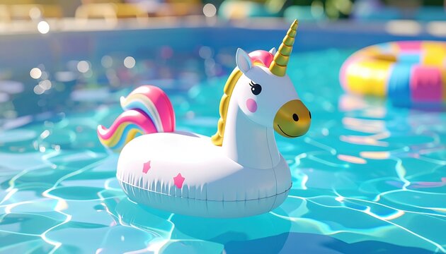 3D Illustration of a white unicorn pool float decorated with a golden horn drifting through a colorful children swimming pool.