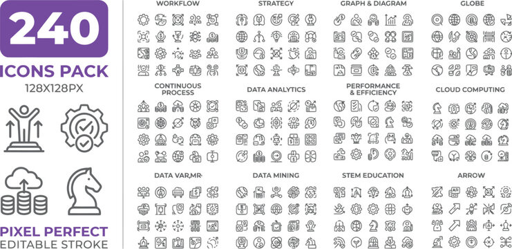 Business icons pack featuring grey line art for corporate strategy and cloud computing workflows.