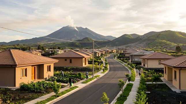 Clean Residential Community Restored After Volcanic Eruption with Mountain Views