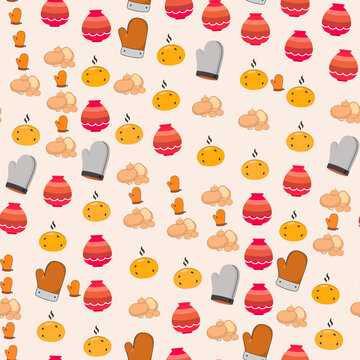 Seamless pattern of kitchen mitts and potatoes