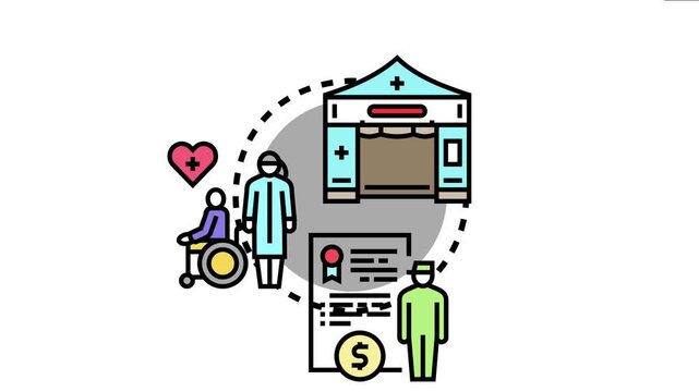 Patient in wheelchair leaving a medical facility with a doctor, receiving necessary health documents and managing financial aspects for recovery and home care