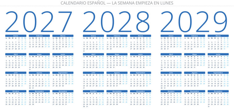 Spanish calendar 2027 2028 2029 Spain printable vector illustration design
