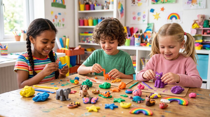 Obraz premium Kids engaged in creative play with colorful modeling clay and fun figures at table, crafting vibrant shapes and animals. A joyful activity for children, promoting imagination and creativity.