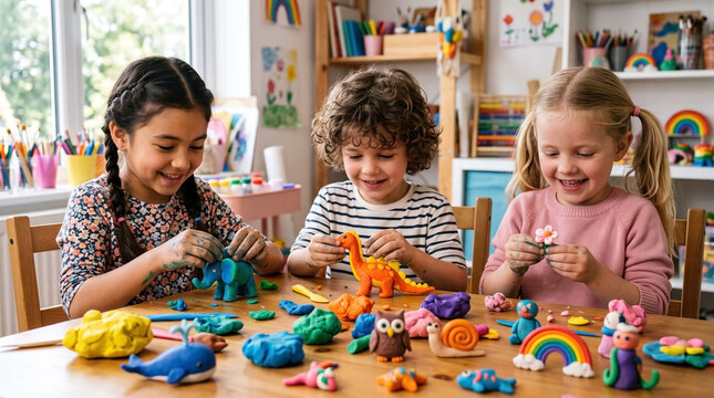 Children creating colorful clay models at table with various figures including animals and toys. Kids enjoying crafting activity with vibrant clay materials and sharing smiles while working together.