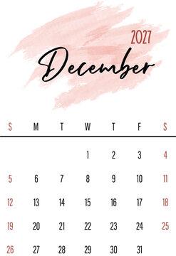 December 2027 Monthly Calendar Design with Watercolor Splash
