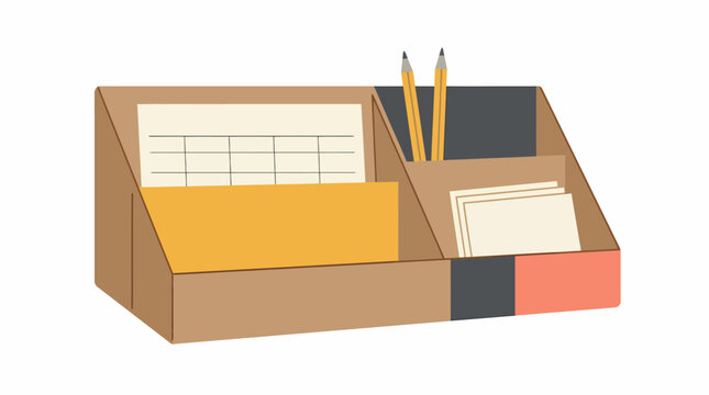 Efficient cardboard desk organizer illustration for workspace decluttering and stationery storage. Keep your office tidy with this practical container for improved productivity