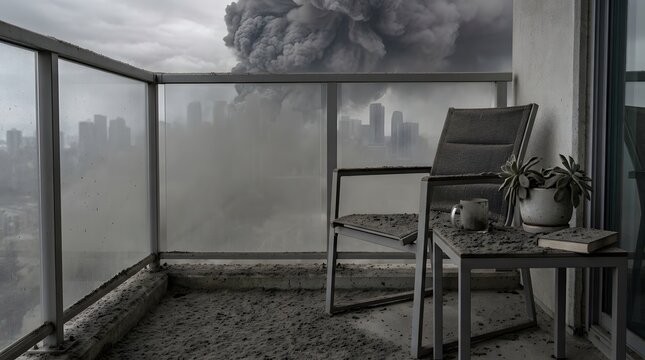 Residential Balcony and Outdoor Chair Damaged by Heavy Volcanic Ashfall