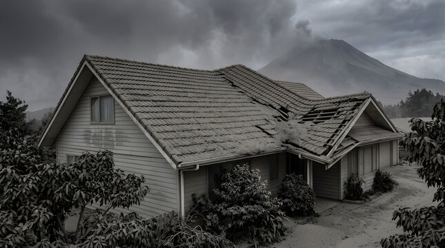 Weathered Residential Roof Covered with Volcanic Ash Following a Powerful Eruption