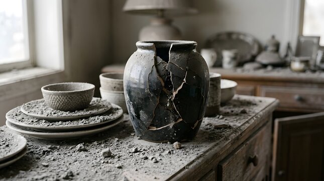 Volcanic Ash Covered Ceramic Vessels and Plates in a Damaged Residential Interior