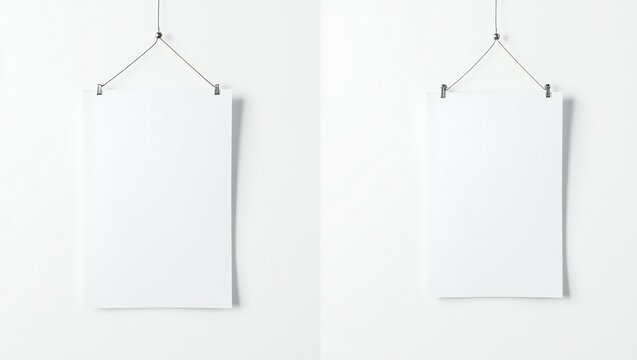 Two empty white paper posters hanging with metal clips and wire on a wall