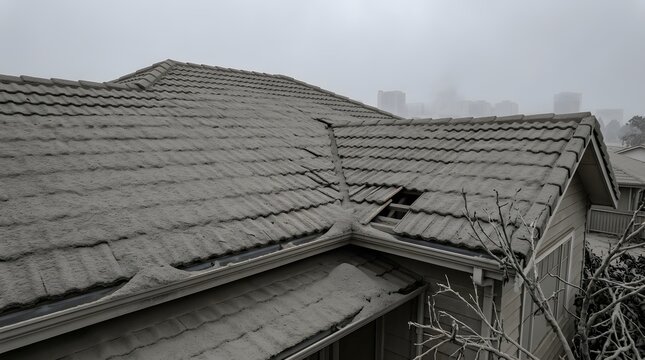 Damaged Tiled House Roof Covered with Volcanic Ash During Disaster Recovery