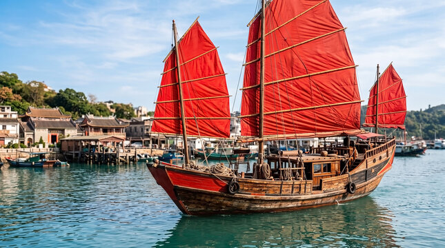 Chinese junk boat with red sails docked in harbor during sunny day. Scenic view features traditional boat with wooden structure, vibrant sails and calm water.
