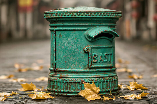 Vintage emerald cast-iron mailbox on weathered bluestone with autumn sycamore leaves, misty morning golden hour light, right negative space for tourism posters and advertising campaigns.