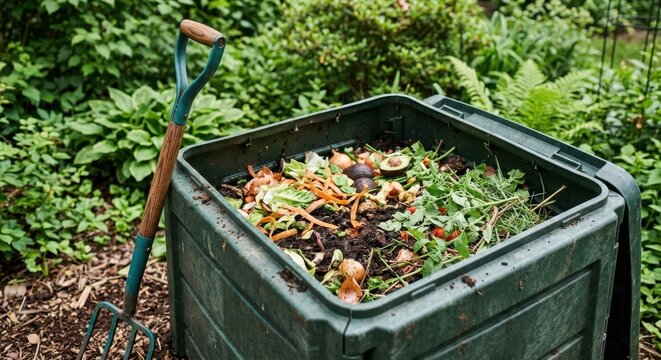Green plastic compost bin filled with organic kitchen waste and vegetable scraps in a lush garden setting with a garden fork, focusing on sustainable living and zero waste gardening practices.