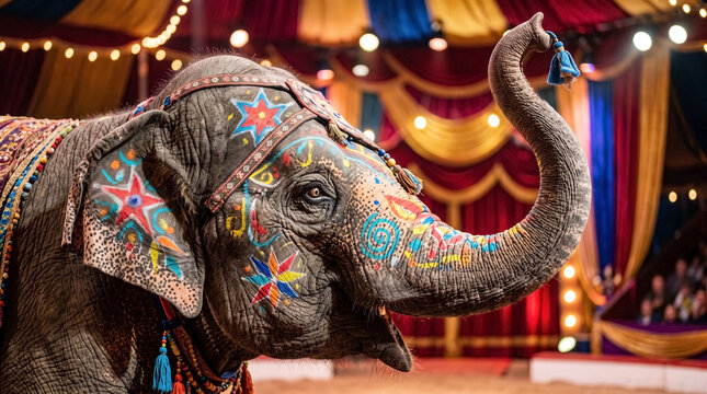 Circus elephant performing with colorful painted decorations in vibrant show environment. Majestic elephant showcases talents amidst dazzling lights and festive atmosphere,