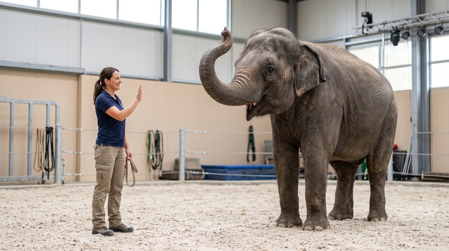 Circus performer training elephant tricks with professional animal trainer in contemporary facility.