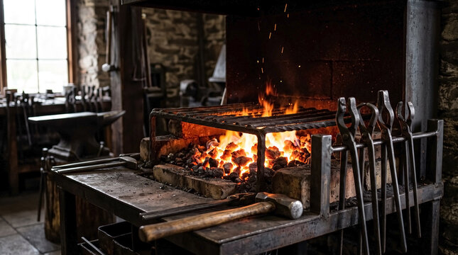 Glowing red coal forge in workshop with tools and flames igniting molten metal. Craftsmanship in traditional blacksmithing showcased by fire in coal forge. Perfect for workshops and artisanal ads.