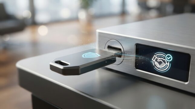 verified digital identity concept USB flash drive connected to a modern computer with digital security overlay