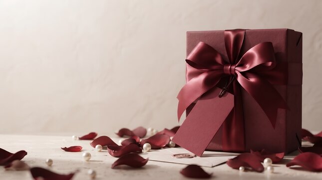 Elegant Luxury Maroon Gift Box With Satin Ribbon Bow And Rose Petal Background