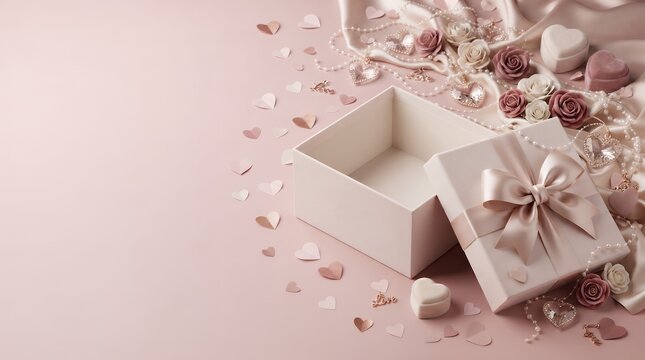 Elegant Open Gift Box with Ribbon Confetti Rose and Silk Holiday Background