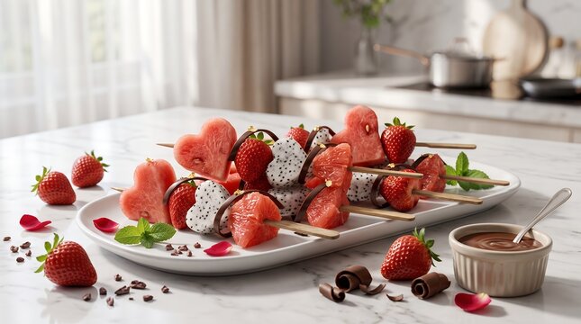 Fresh Romantic Fruit Skewer Dessert Platter for Valentine Day Party Food Presentation