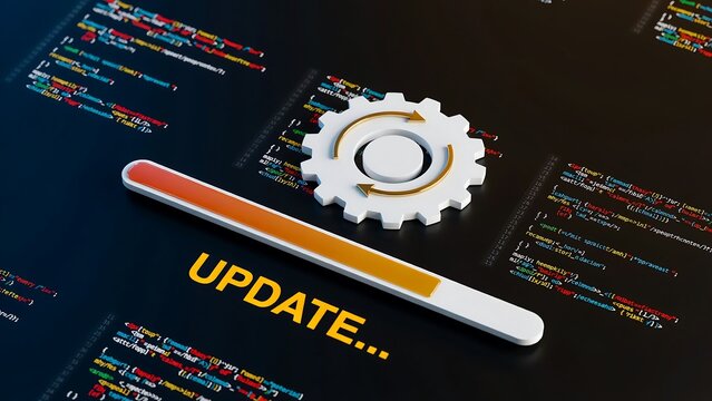 Software update loading bar with gear icon representing digital system maintenance and future technology progress in 2027