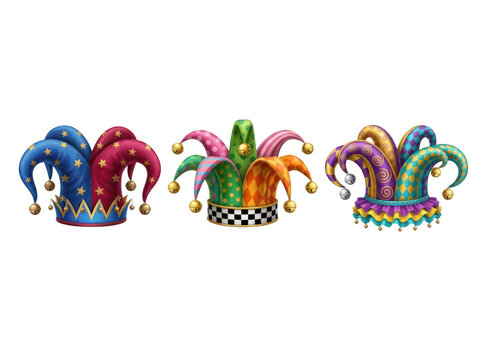 Colorful jester hats with bells set