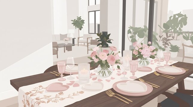 Minimalist Romantic Dining Table Setting with Pink Flowers and Heart Shaped Plates Interior Illustration