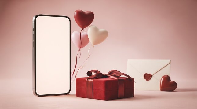 Minimalist Smartphone Mockup with Red Gift Box Heart Balloons and Envelope Template Background