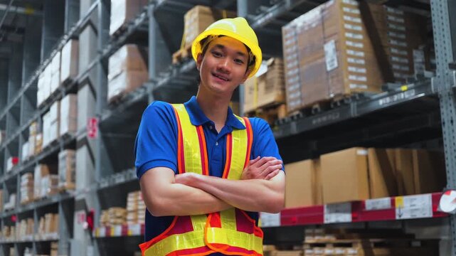 Portrait of proud Asian industrial worker in yellow hard hat standing confidently in storage warehouse. Modern supply chain and industrial safety concept.