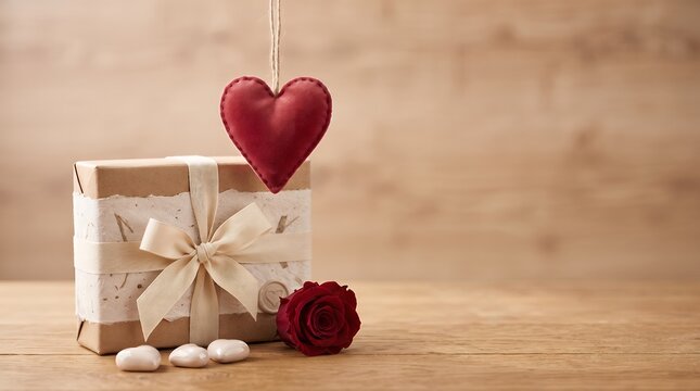 Rustic Romantic Gift Box With Hanging Fabric Heart And Red Rose Decoration