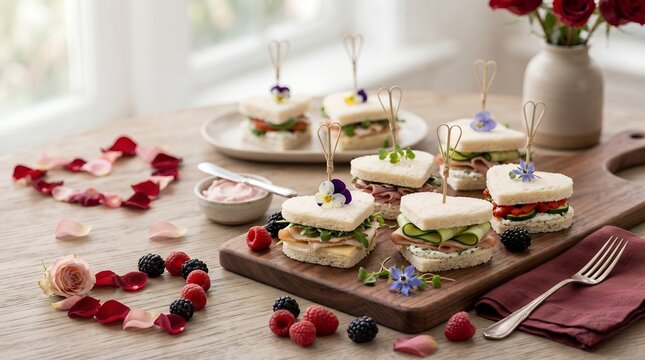 Rustic Romantic Heart Shaped Tea Sandwiches Appetizer Snack Table Setting