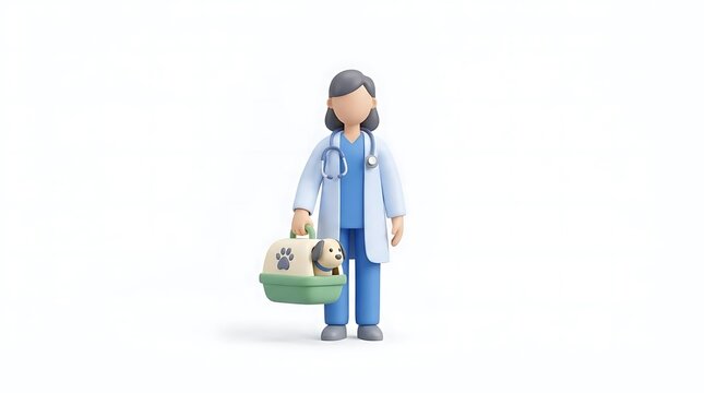 3D female veterinarian character holding small dog in carrier.