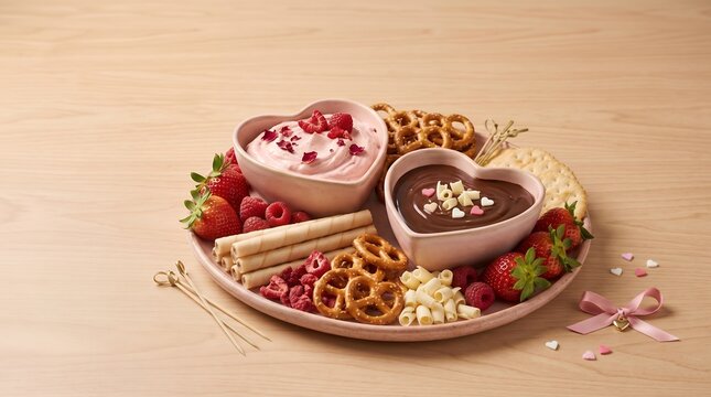 Valentine Sweet Dessert Charcuterie Board With Chocolate Fondue And Berry Dip Platter
