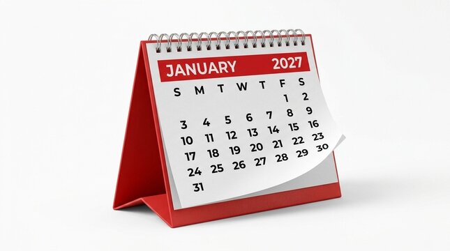 A red desk calendar showing the month of January 2027 with dates clearly visible.