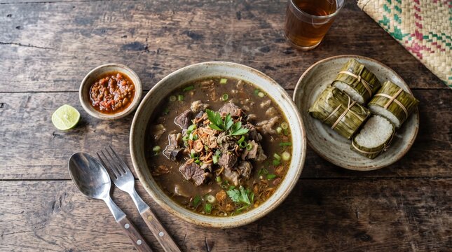Traditional Indonesian beef soup Rawon served with rice cakes and chili paste on a rustic wooden table.
