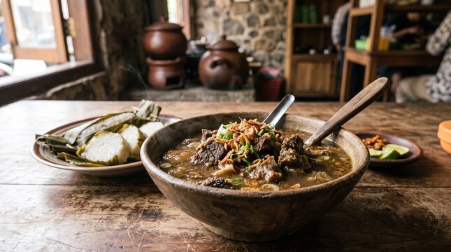 Traditional Indonesian beef soup Rawon served in a rustic clay bowl on a wooden table.