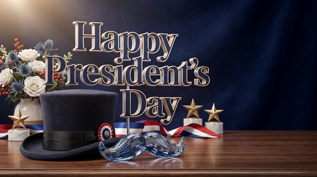 Realistic 3D President Day Greeting Text with Top Hat Ribbon Star and Flower Decoration Background