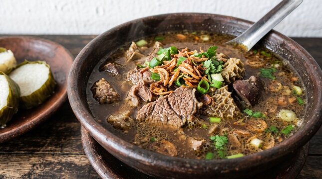 Traditional Indonesian beef soup known as Soto Betawi served in a rustic clay bowl.