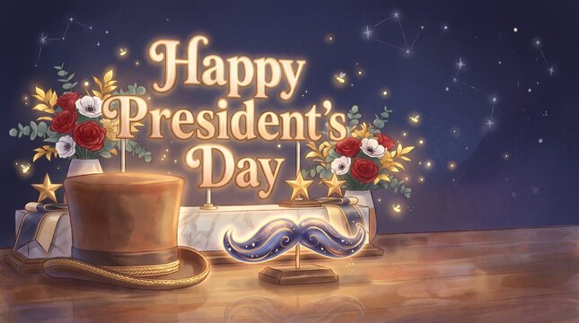 Digital Painting Style Happy Presidents Day Greeting Card with Top Hat Mustache and Floral Bouquet Illustration